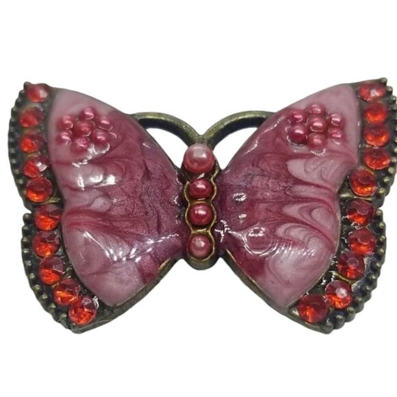 Vintage Butterfly Pink Swirl Pearl red Crystal Pin - Picture 1 of 10